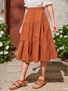 SHEIN Chicas Falda unicolor bajo con fruncido - Naranja Quemada - Ver 4