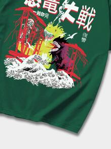 ROMWE MEN Guys Japanese Letter Dinosaur Graphic Tee - Green - View 5