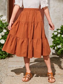 SHEIN Chicas Falda unicolor bajo con fruncido - Naranja Quemada - Ver 5