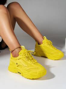 Women Number Pattern Lace Up Sports Shoes, Funky Chunky Sneakers For Outdoor - Yellow - View 1