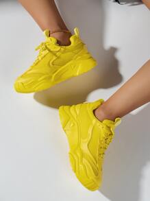 Women Number Pattern Lace Up Sports Shoes, Funky Chunky Sneakers For Outdoor - Yellow - View 3