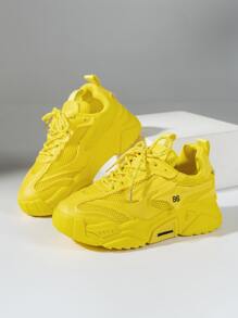 Women Number Pattern Lace Up Sports Shoes, Funky Chunky Sneakers For Outdoor - Yellow - View 5
