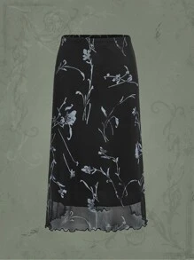 ROMWE Goth 印花木耳邊網紗半身裙 - 黑色 - 查看 1