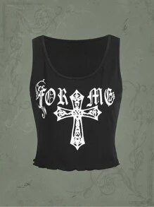 ROMWE Goth 字母圖案木耳邊背心上衣 - 黑色 - 查看 1