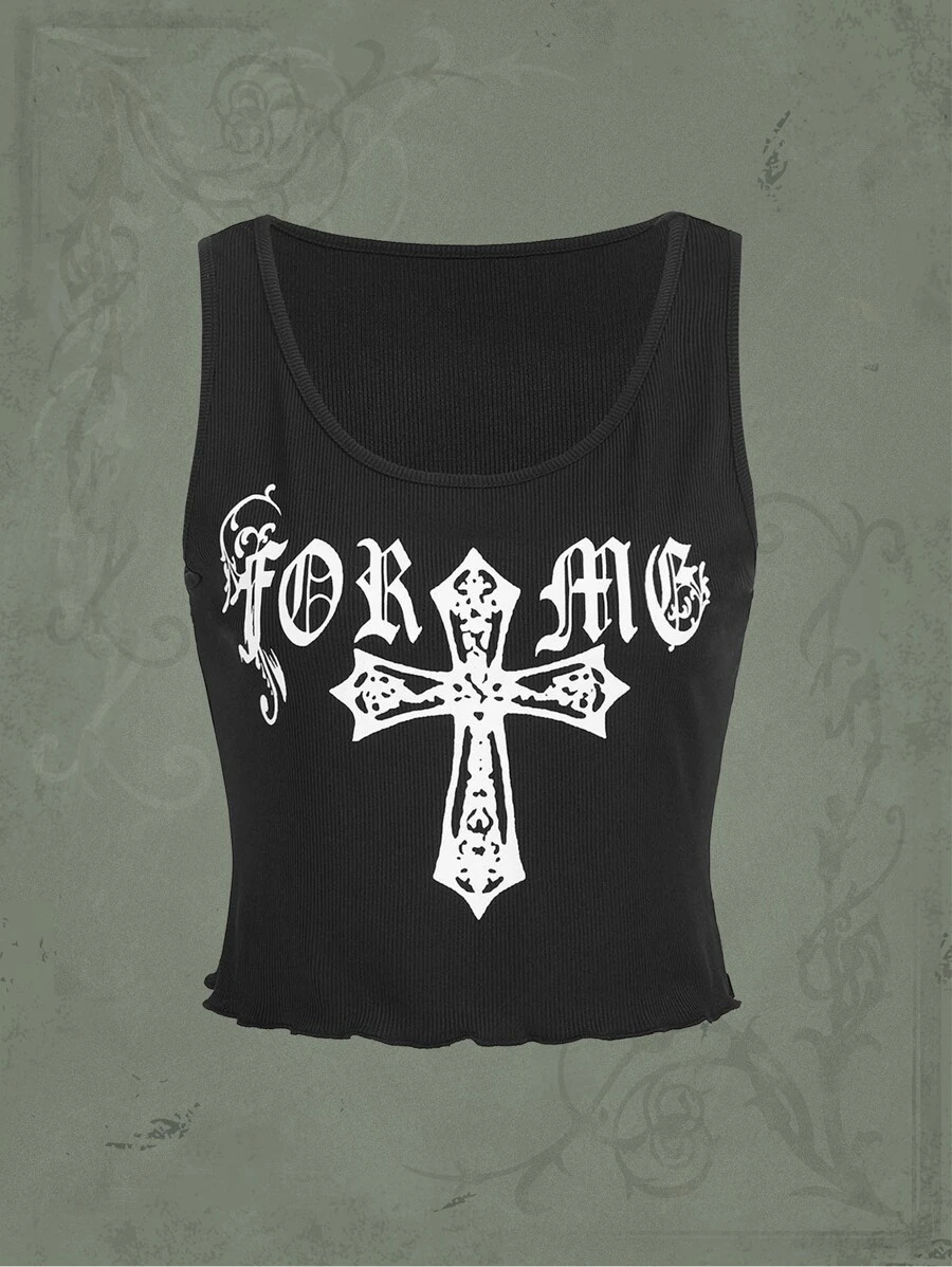 ROMWE Goth 字母圖案木耳邊背心上衣 - 黑色 - 查看 1