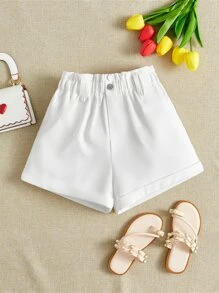 SHEIN Cô gái Tween Màu thuần Lỏng lẻo phù hợp Đàn hồi Dây thắt lưng Trang trí Nút Cuộn lên Hem Quần short Với Túi - trắng - Xem 1