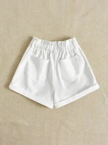 SHEIN Cô gái Tween Màu thuần Lỏng lẻo phù hợp Đàn hồi Dây thắt lưng Trang trí Nút Cuộn lên Hem Quần short Với Túi - trắng - Xem 2