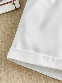 SHEIN Cô gái Tween Màu thuần Lỏng lẻo phù hợp Đàn hồi Dây thắt lưng Trang trí Nút Cuộn lên Hem Quần short Với Túi - trắng - Xem 4