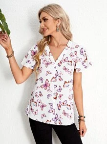 EMERY ROSE Butterfly Print V Neck Butterfly Sleeve Blouse - Multicolor - View 1