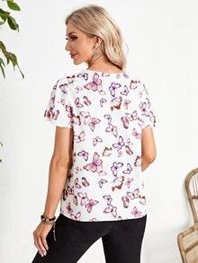 EMERY ROSE Butterfly Print V Neck Butterfly Sleeve Blouse - Multicolor - View 2