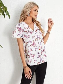 EMERY ROSE Butterfly Print V Neck Butterfly Sleeve Blouse - Multicolor - View 4