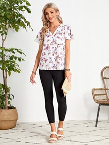 EMERY ROSE Butterfly Print V Neck Butterfly Sleeve Blouse - Multicolor - View 6