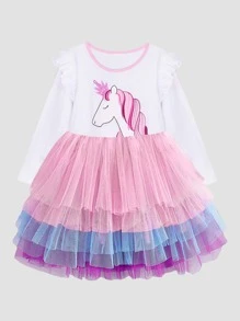Toddler Girls Unicorn Print Ruffle Trim Mesh Hem Dress - Multicolor - View 1