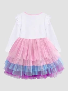 Toddler Girls Unicorn Print Ruffle Trim Mesh Hem Dress - Multicolor - View 2