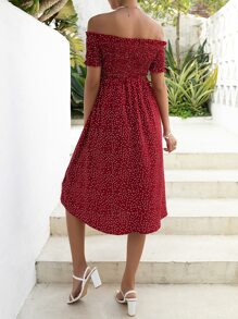 SHEIN Váy Bà bầu viền lá sen Dải chun Chấm bi Boho - Màu Đỏ Sâu - Xem 2