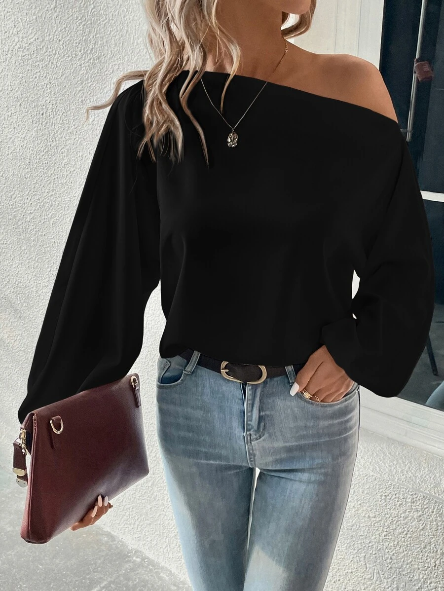 SHEIN Privé Solid Batwing Sleeve Blouse - Black - View 1