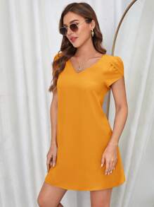 SHEIN Clasi Solid Petal Sleeve Tunic Dress - Mustard Yellow - View 3