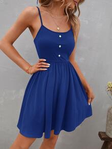 SHEIN Essnce Solid Button Front Cami Dress - Royal Blue - View 3