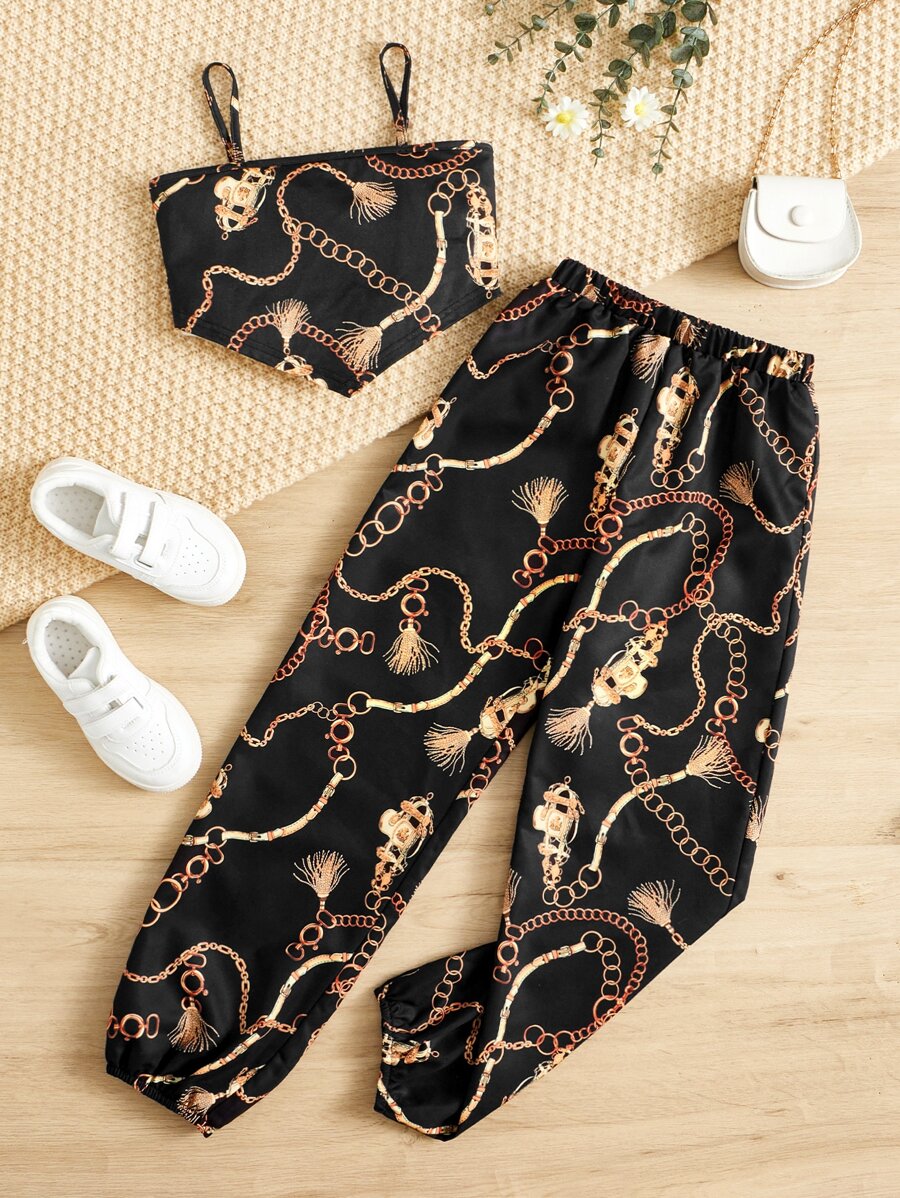 SHEIN Leap Crew Cô gái Tween In Dây chuyền Bandana Hem Cami ngọn & Quần - Nhiều màu - Xem 1