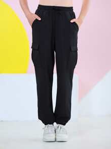Teen Girls Drawstring Waist Flap Pocket Cargo Trousers - Black - View 1