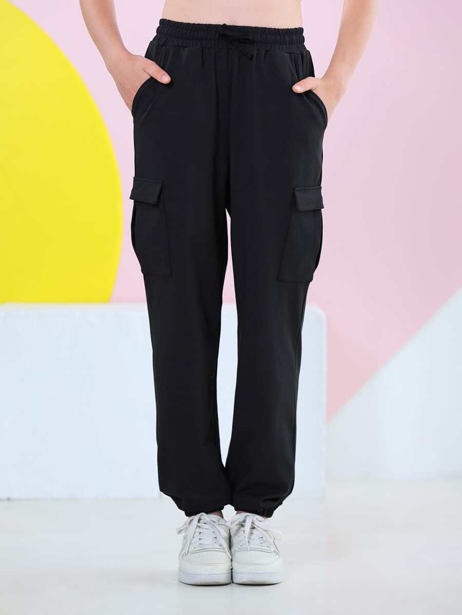 Teen Girls Drawstring Waist Flap Pocket Cargo Trousers - Black - View 1