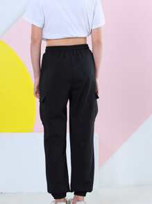 Teen Girls Drawstring Waist Flap Pocket Cargo Trousers - Black - View 2