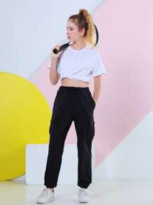 Teen Girls Drawstring Waist Flap Pocket Cargo Trousers - Black - View 3