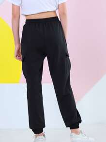 Teen Girls Drawstring Waist Flap Pocket Cargo Trousers - Black - View 4