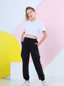 Teen Girls Drawstring Waist Flap Pocket Cargo Trousers - Black - View 6