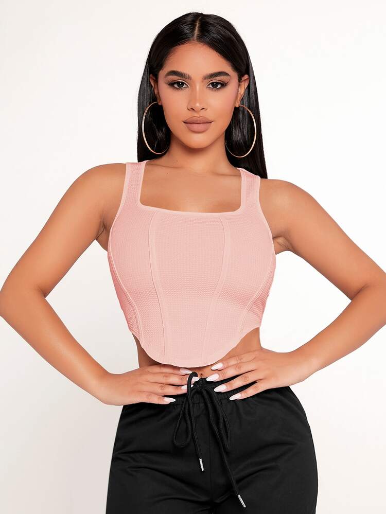 SHEIN PETITE 方領不對稱下擺背心上衣 - 淺粉色 - 查看 3