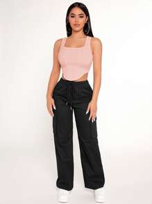 SHEIN PETITE Áo khoác và áo lót dành cho xe tăng nữ Bất đối xứng màu trơn Giải trí - Màu Hồng baby - Xem 4