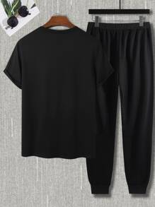 Manfinity Homme 男士字母圖案T恤和腰部抽繩衛褲 - 黑色 - 查看 2