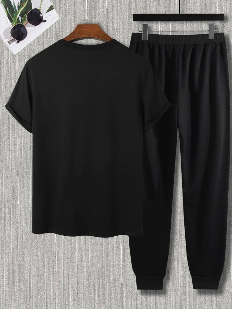 Men Letter Graphic Tee & Drawstring Waist Sweatpants