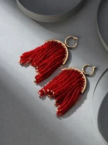 釘珠流蘇耳墜 - 紅色 - 查看 1