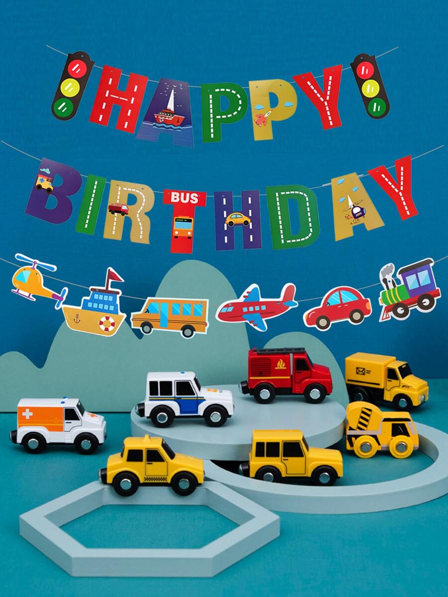 Bandera colgante papel tire con dibujos animados con estampado de coche y slogan para de fiesta de cumpleaños - Multicolor - Ver 1