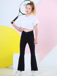 女孩斜口袋喇叭褲 - 黑色 - 查看 3