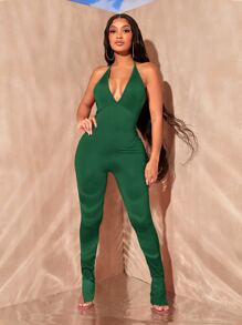 SHEIN SXY 素色下擺開叉吊脖彈力緊身連體褲 - 墨綠色 - 查看 4