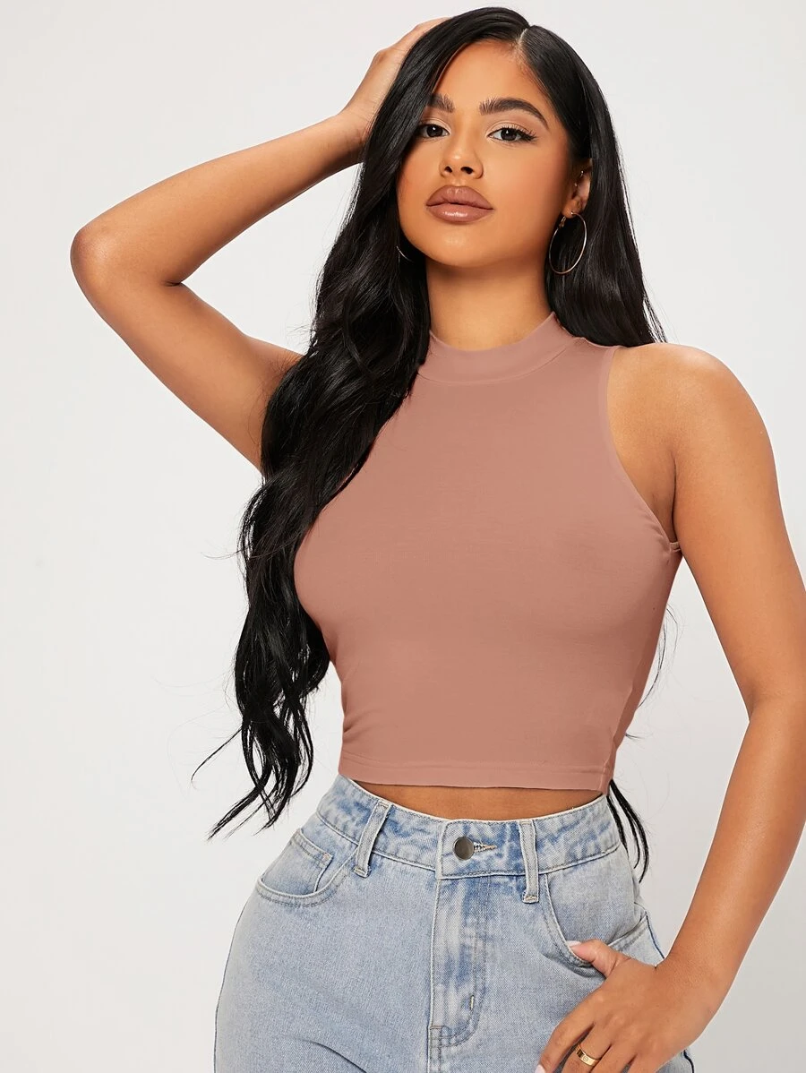 SHEIN PETITE Solid Crop Tank Top - Dusty Pink - View 1