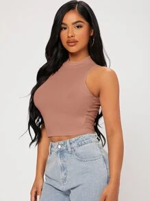 SHEIN PETITE Solid Crop Tank Top - Dusty Pink - View 4