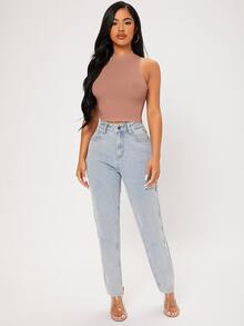 SHEIN PETITE Solid Crop Tank Top - Dusty Pink - View 5