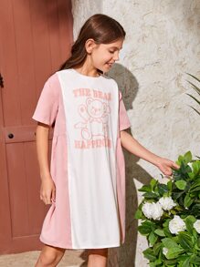 SHEIN Girls Bear & Slogan Graphic Colourblock Dress - Multicolor - View 2