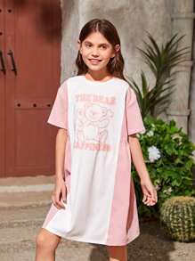 SHEIN Girls Bear & Slogan Graphic Colourblock Dress - Multicolor - View 1