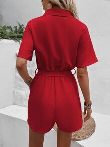 SHEIN LUNE Solid Slant Pocket Belted Shirt Romper - Red - View 2