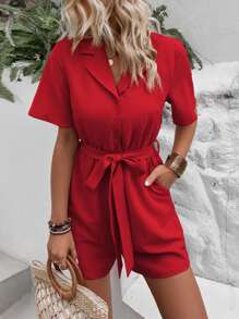 SHEIN LUNE Solid Slant Pocket Belted Shirt Romper - Red - View 3