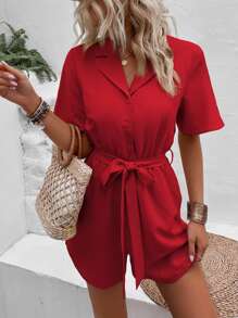 SHEIN LUNE Solid Slant Pocket Belted Shirt Romper - Red - View 4