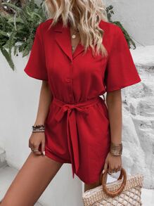 SHEIN LUNE Solid Slant Pocket Belted Shirt Romper - Red - View 5