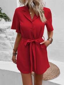SHEIN LUNE Solid Slant Pocket Belted Shirt Romper - Red - View 6