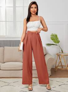 SHEIN PETITE Quần nữ Nút Dây kéo Uốn nếp màu trơn Thanh lịch - Màu Cam cháy - Xem 4