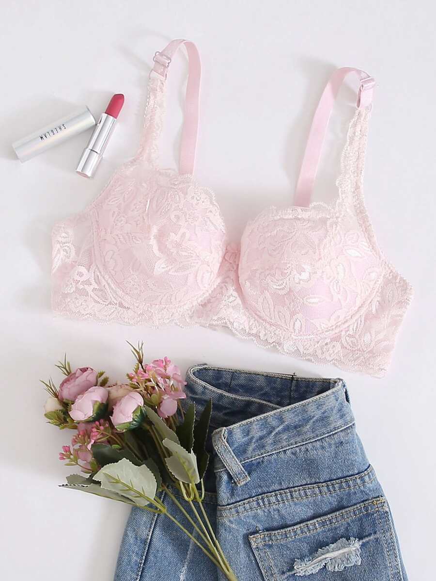 Floral Lace Underwire Sexy Lingerie Bra, Kawaii - Baby Pink - View 1