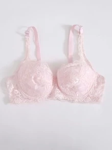 Floral Lace Underwire Sexy Lingerie Bra, Kawaii - Baby Pink - View 3